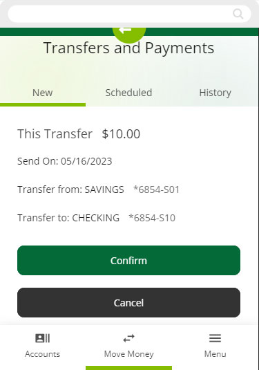 Screenshot of New Transfer/Payment review on mobile devices
