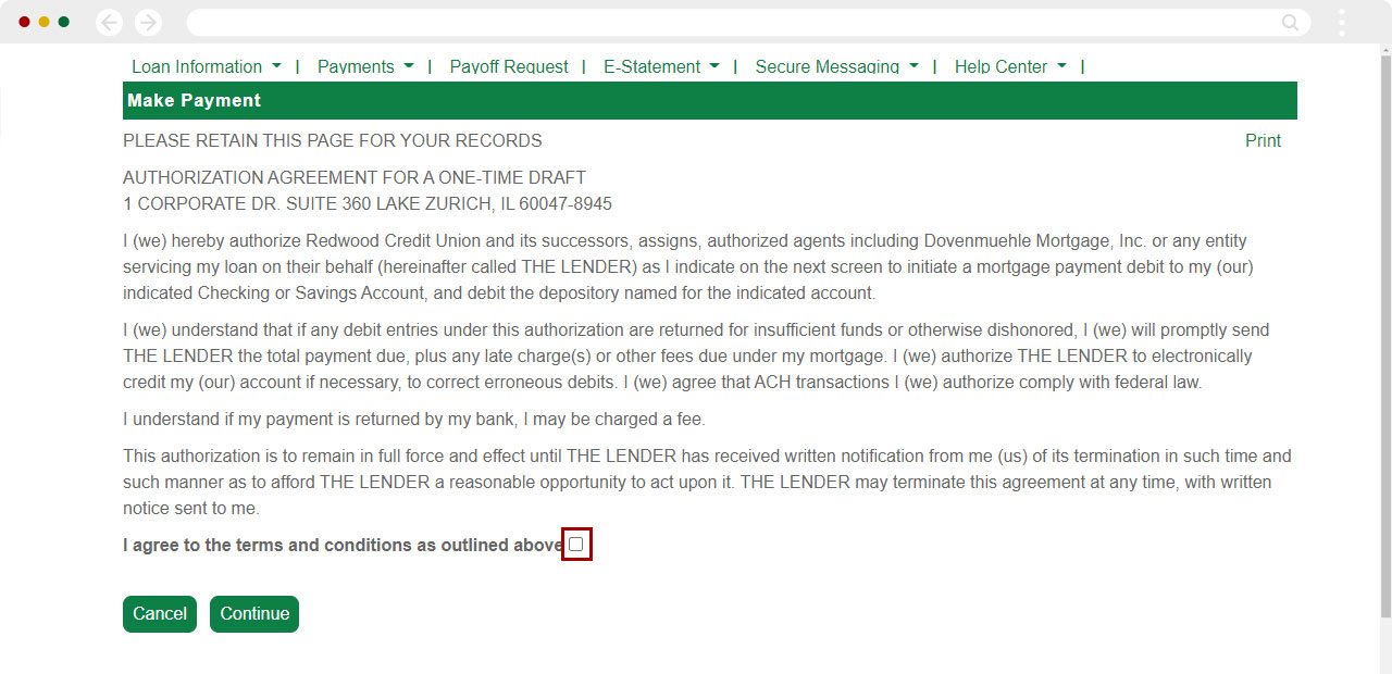 Screenshot of mortgage payment terms on desktop