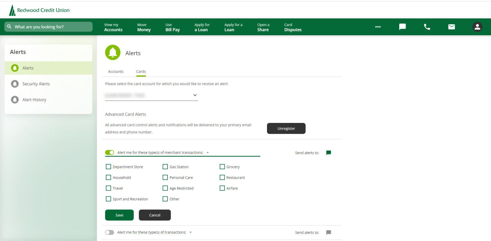 Screenshot of merchant alert options for desktop