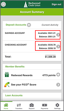 Available and Current Balance on the Account Summary