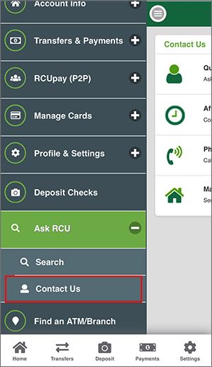 Mobile Menu go to Ask RCU and select Contact Us