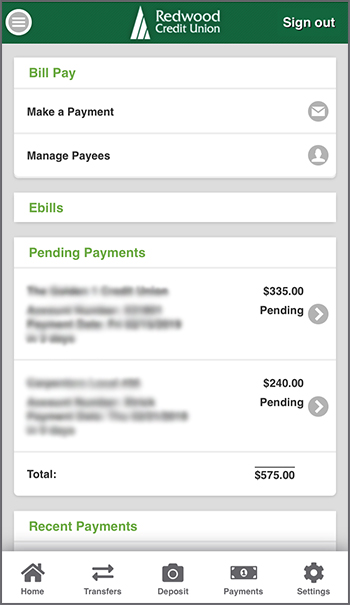 Bill Pay page with pending payments.