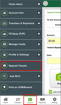 Mobile App Deposit Checks navigation