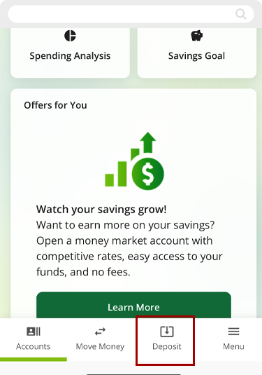 Depositing a check in mobile banking, step 1