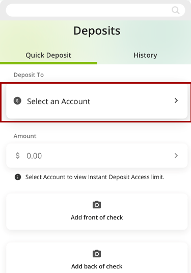 Depositing a check in mobile banking, step 2