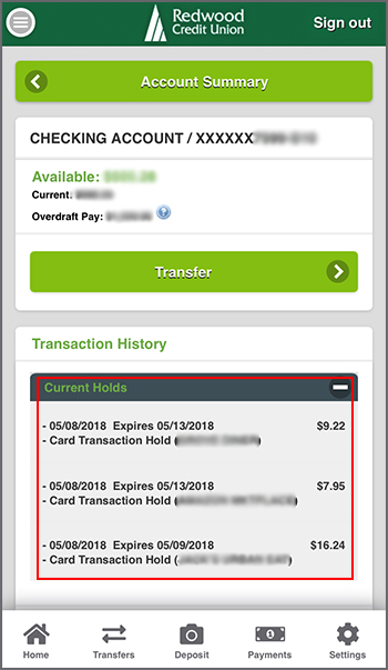 RCU Mobile App Transaction History