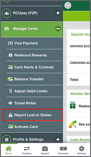 Manage Cards - Report Lost or Stolen