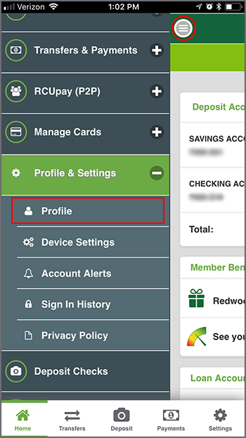 Profile & Settings Menu
