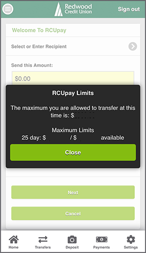RCUpay Maximum Limits display