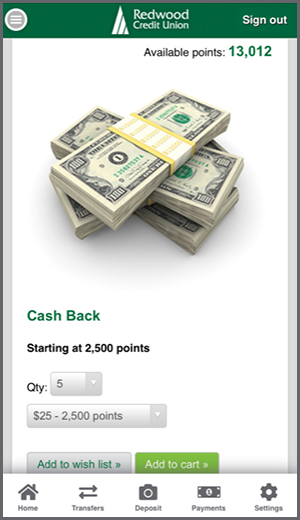 Redwood Rewards Cash Back Select Amount