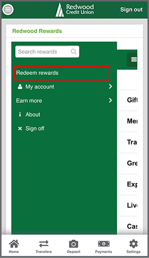 Redeem Rewards in menu
