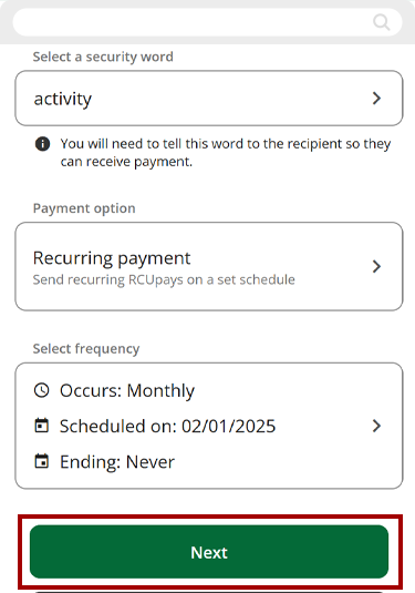 Recurring RCUpay in mobile, step 8