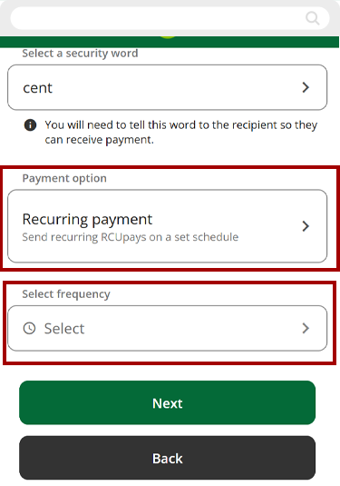 Recurring RCUpay in mobile, step 6