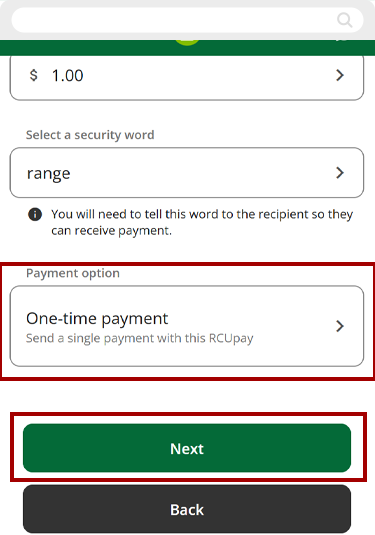 One-time RCUpay on mobile, step 6
