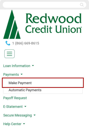 Screenshot of navigating to Make a Payment in the mortgage portal for mobile devices