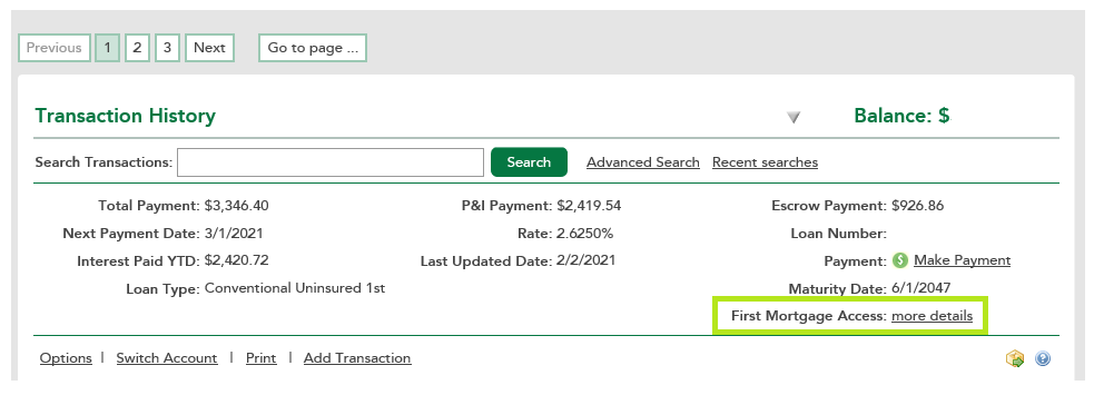 Screenshot of first mortgage access in online banking