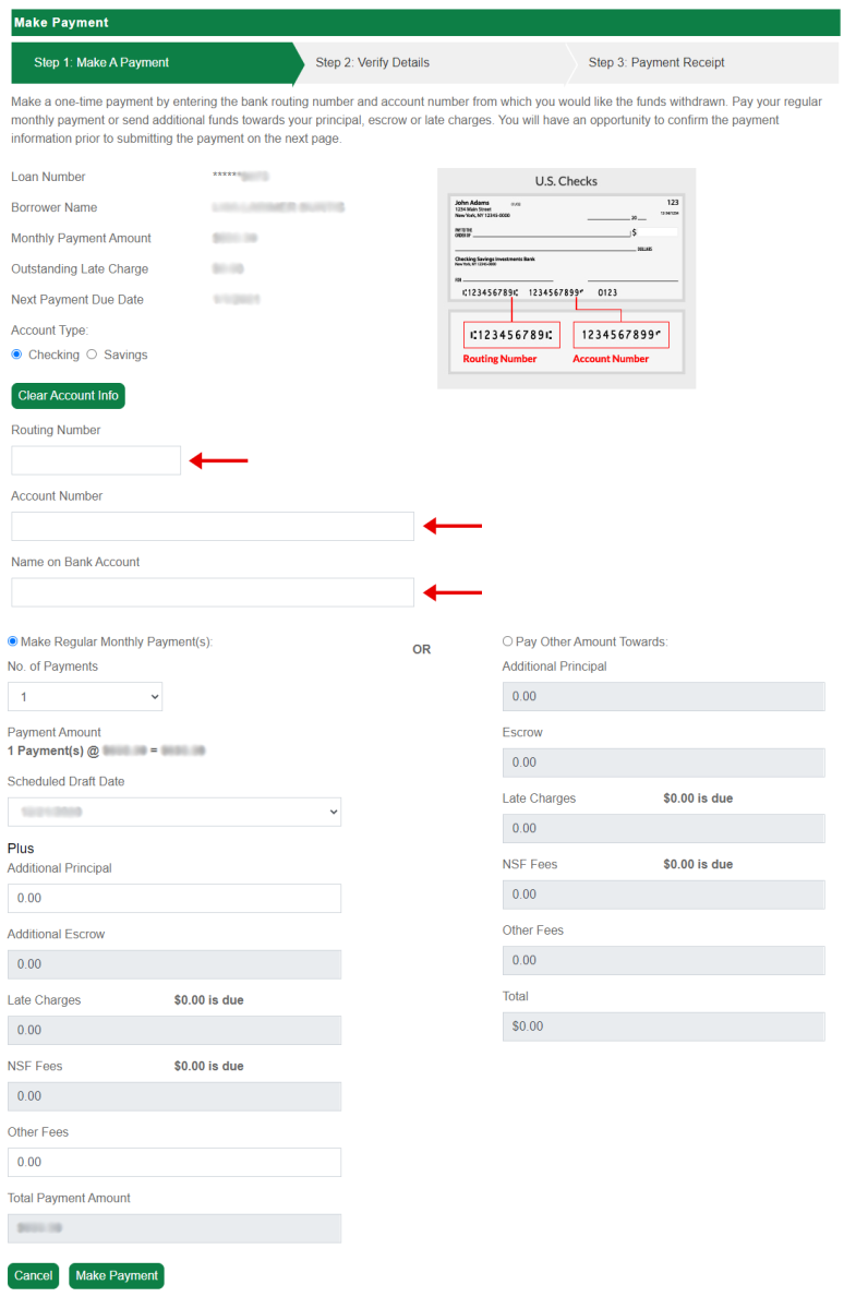 Make a Payment page with arrows showing routing and account number areas