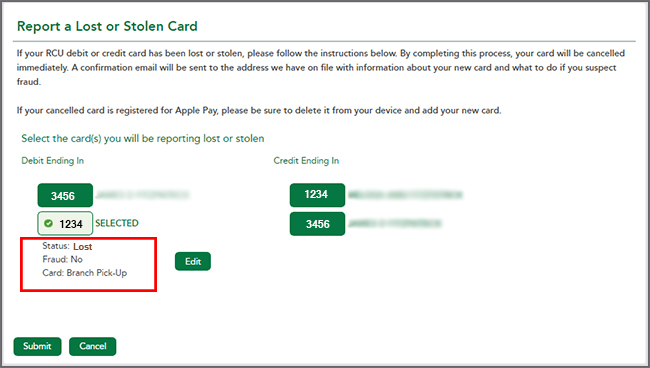 Report a Lost or Stolen Card confirmation page. 