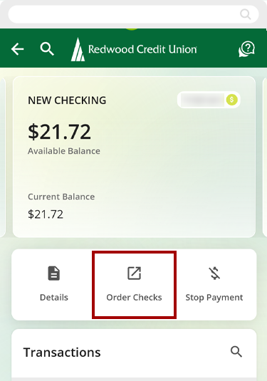 reorder checks for my RCU checking account mobile step 2