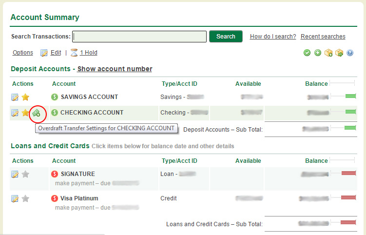Account Summary page which display Overdraft Transfer Settings icon