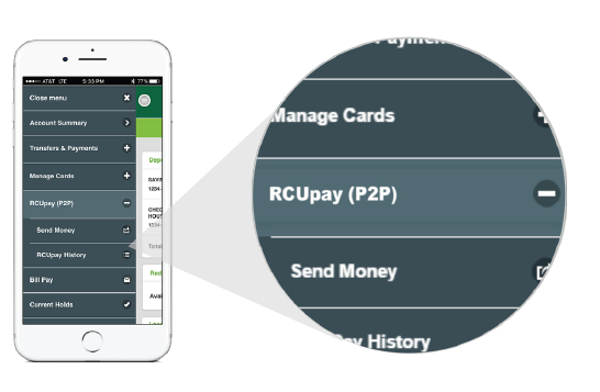 RCUpay (P2P) shown in the mobile menu. 