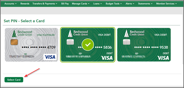 How do I change my Redwood Credit Union Credit/Debit card PIN in Online