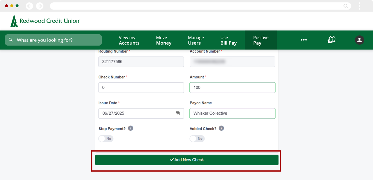 Enter checks manually in Positive Pay, step 5