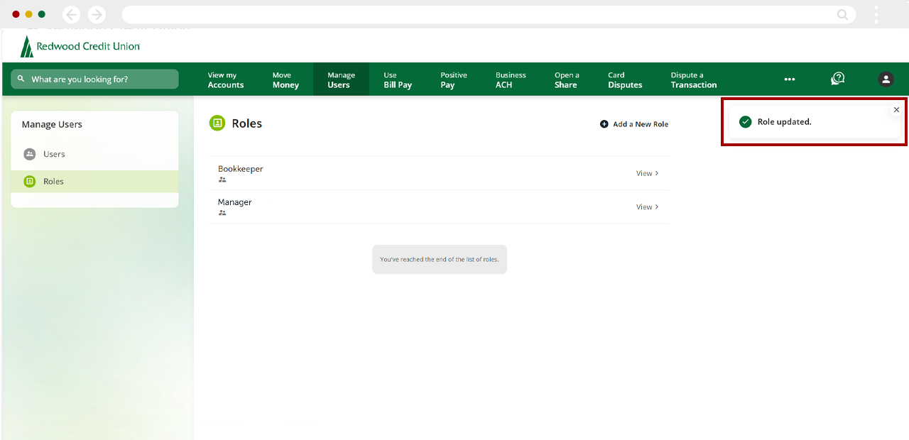 Assigning user roles for Positive Pay, step 7