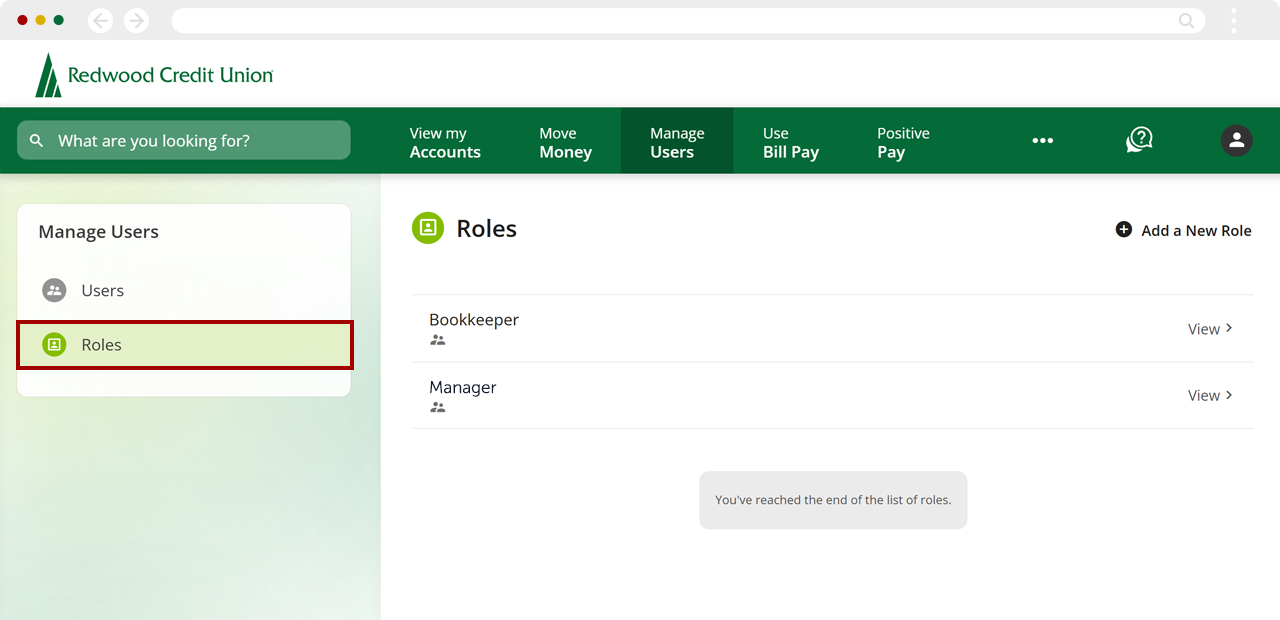 Setting up sub-users for Positive Pay roles, step 2