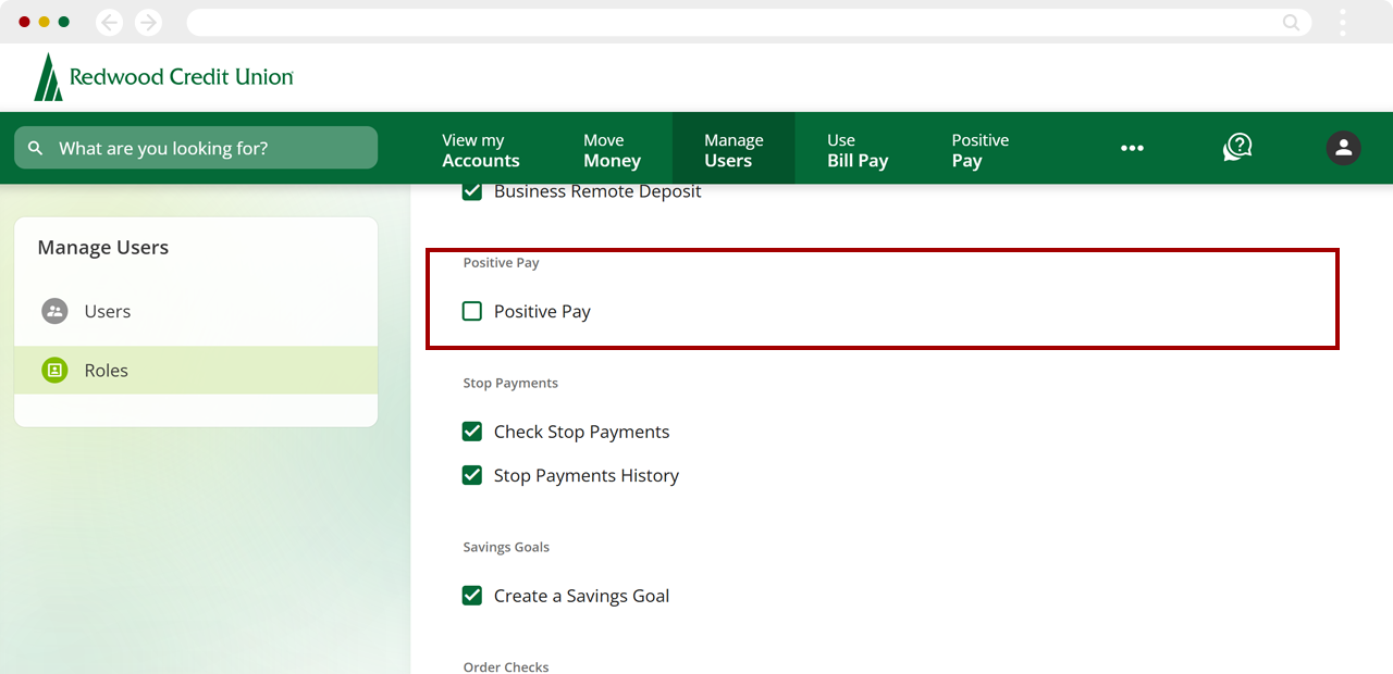 Assigning user roles for Positive Pay, step 4