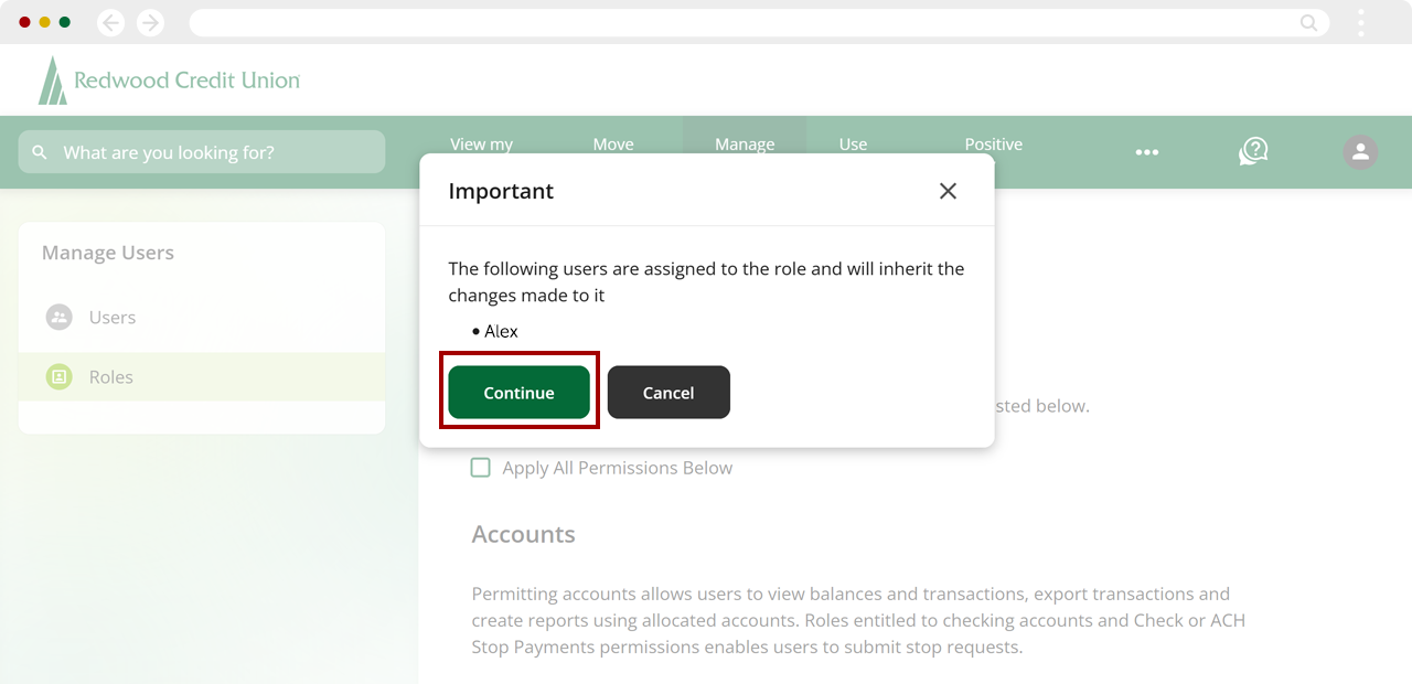 Assigning user roles for Positive Pay, step 6