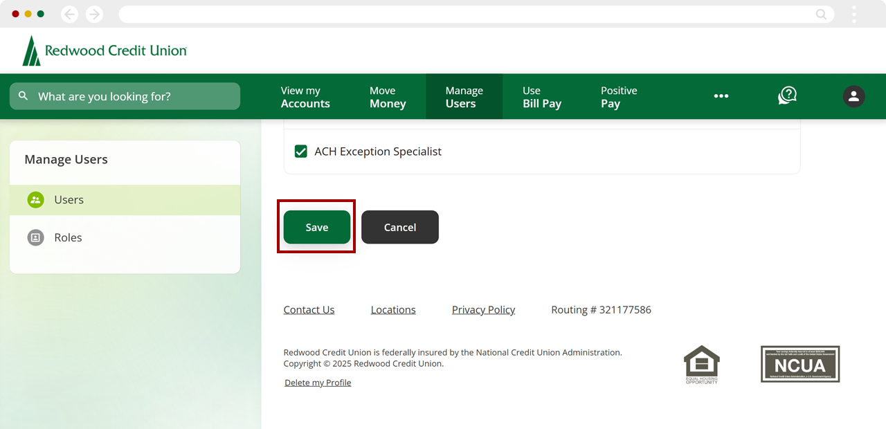Assigning user roles for Positive Pay, step 5