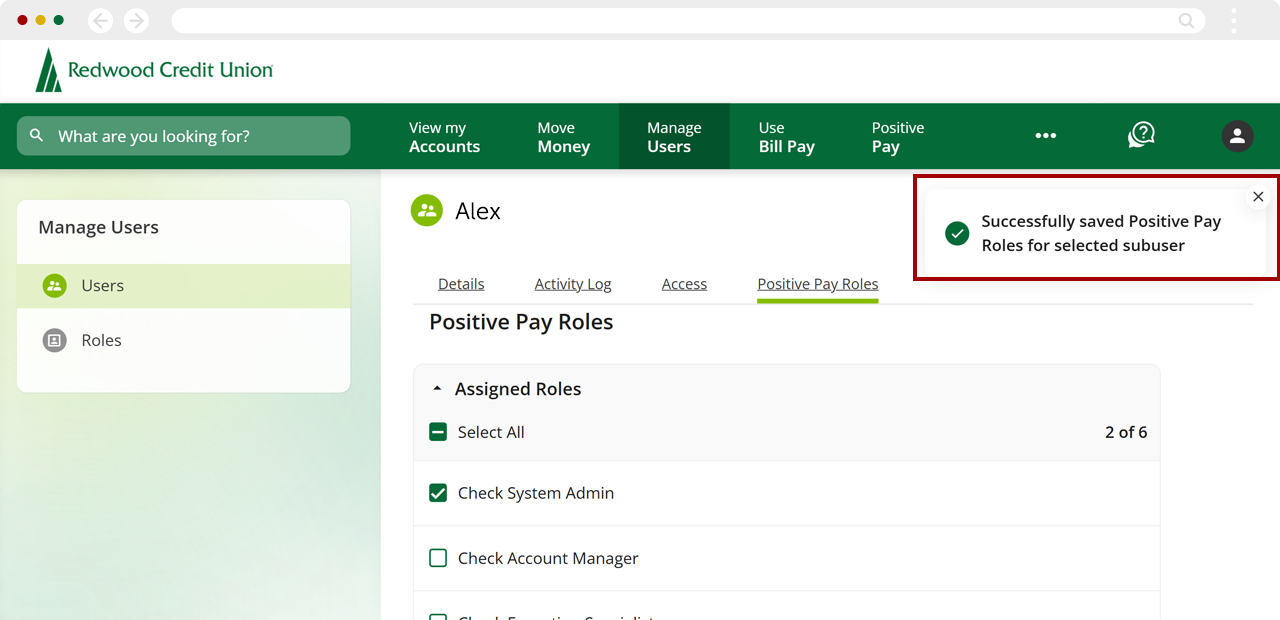 Assigning user roles for Positive Pay, step 6