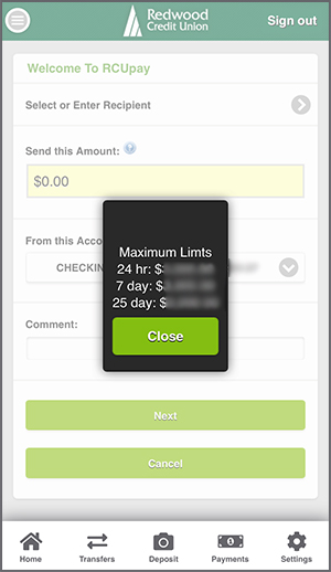 RCUpay Maximum Limits display