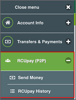 RCUpay P2P mobile menu