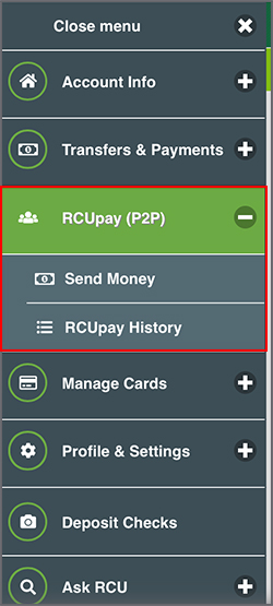 RCUPay (P2P) in mobile menu.
