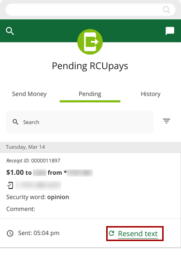Resending RCUpay texts in mobile, step 3