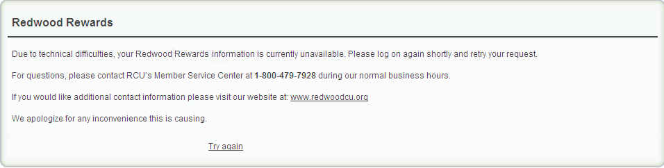 Redwood Rewards technical difficulties