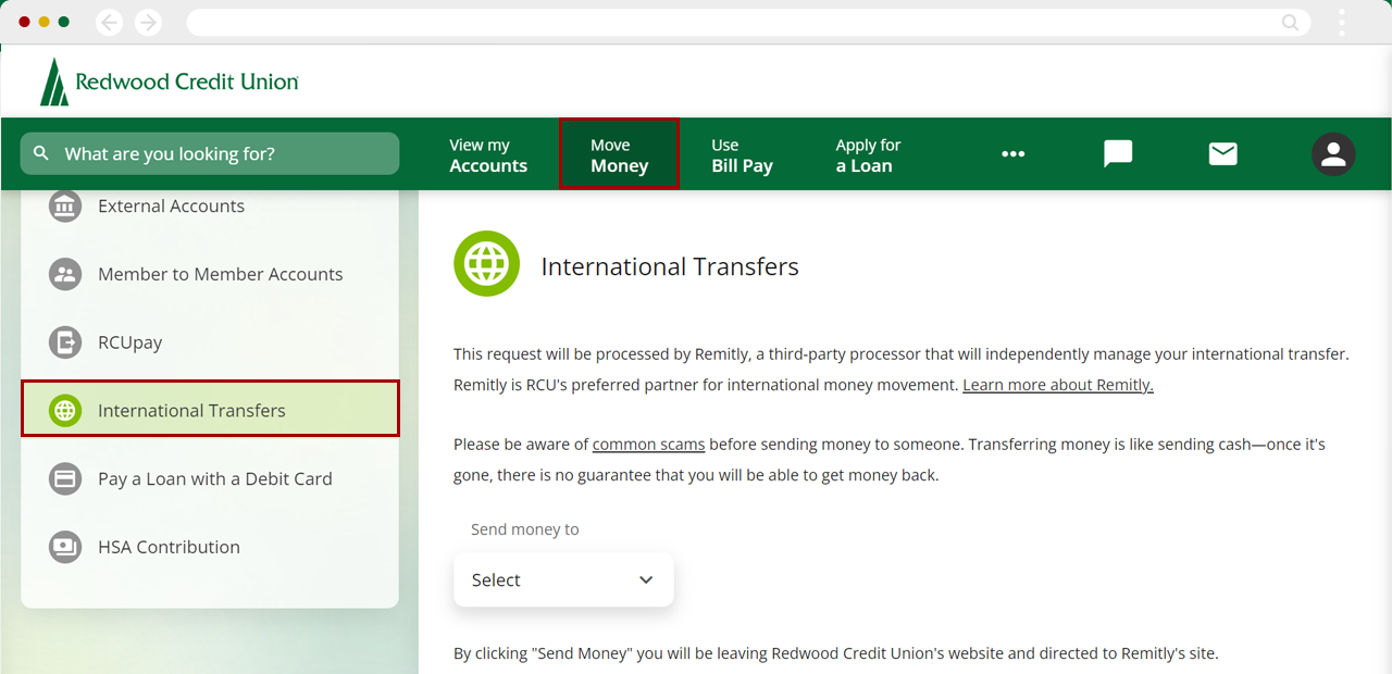Sending money internationally on desktop, step 1