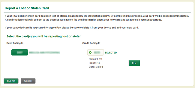 Report a Lost or Stolen Card confirmation page.