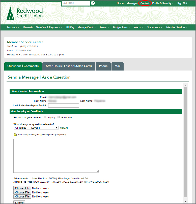Questions | Comments Secure Contact Form in online banking.