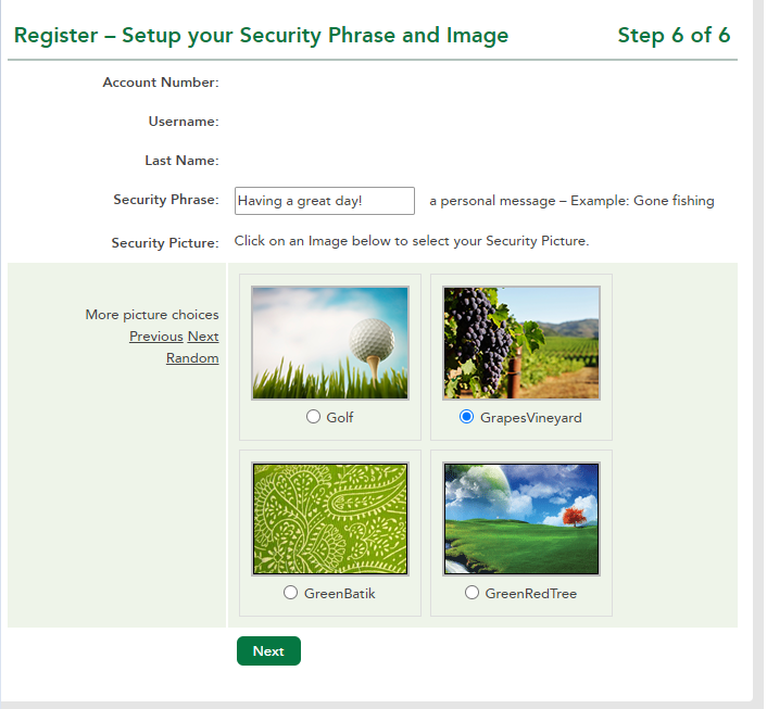RCU Online Banking security phrase and image