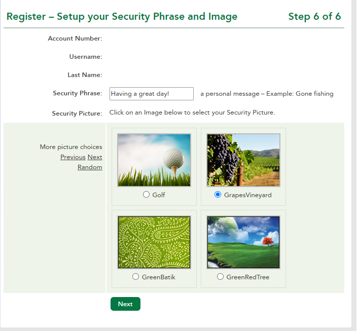 How do I select a Security Picture and Security Phrase in RCU Online