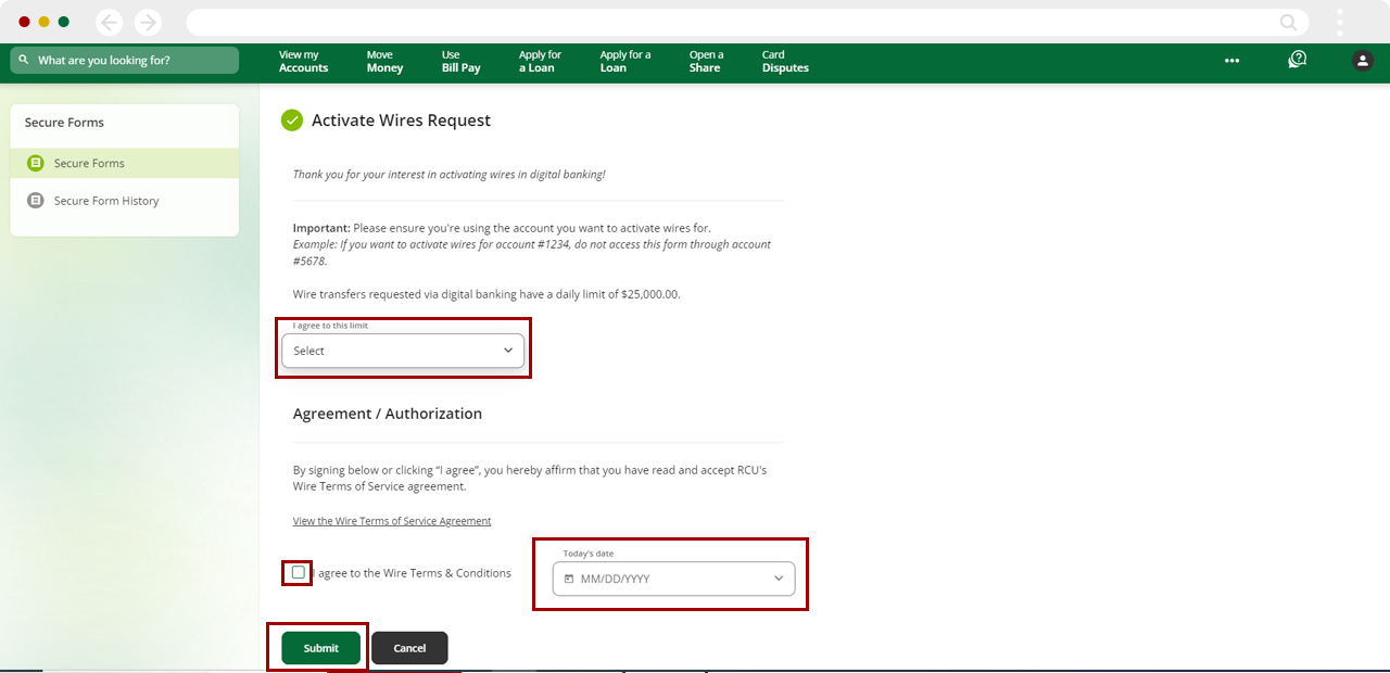 Self-serve wires on desktop, step 3