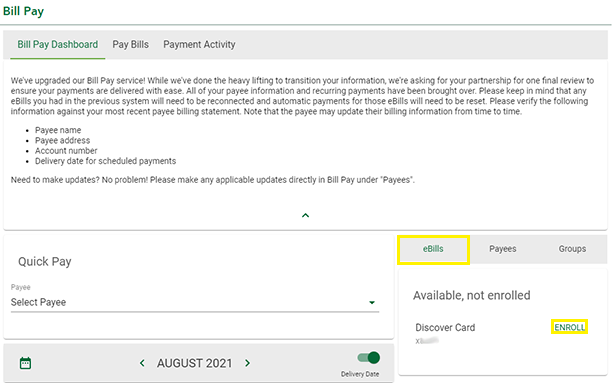 Enroll for the applicable Payee Screenshot