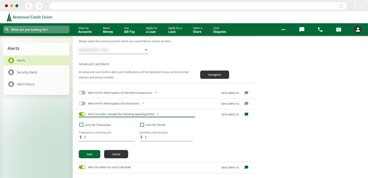 Screenshot of spending alert options for desktop