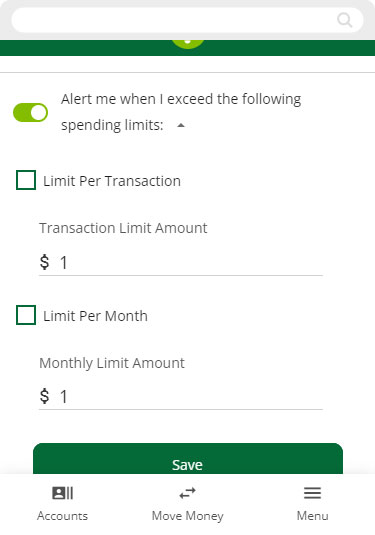 Screenshot of setting spending limit alerts in mobile