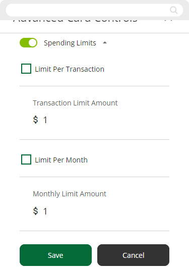 Screenshot of setting spending limit controls in mobile