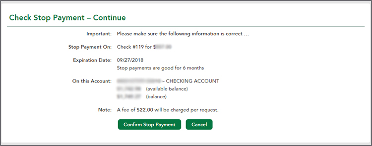 Review Check Stop Payment details. 