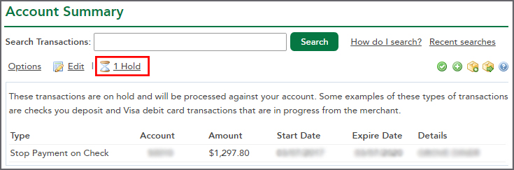 Stop Payment on Check under Hold example. 